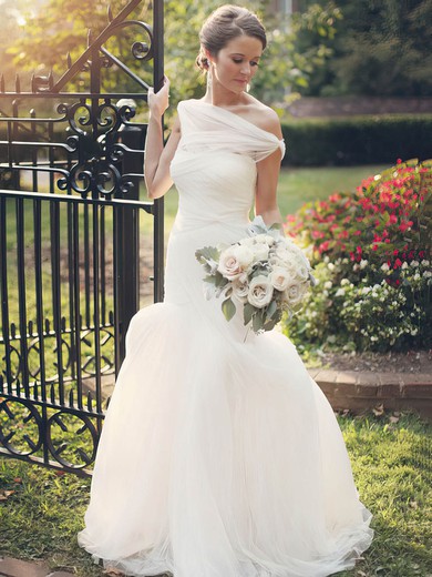 Trumpet/Mermaid One Shoulder Tulle Sweep Train Wedding Dresses With Ruffles #UKM00022607