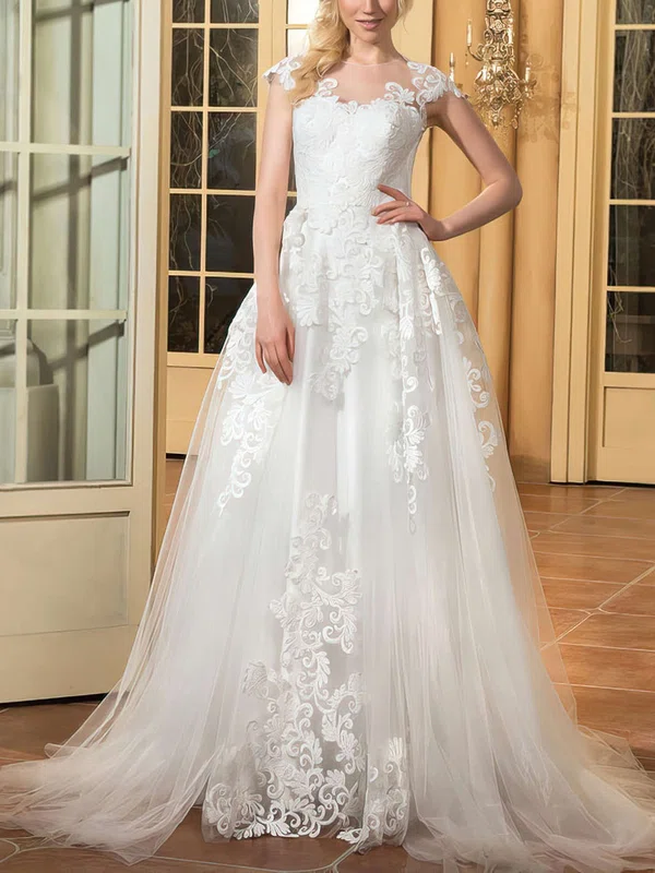 A-line Scoop Neck Tulle Appliques Lace Sweep Train Cap Straps Perfect Wedding Dresses #UKM00022665