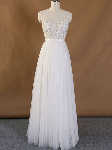 Ball Gown V-neck Tulle Floor-length Wedding Dresses With Appliques Lace #UKM00022718