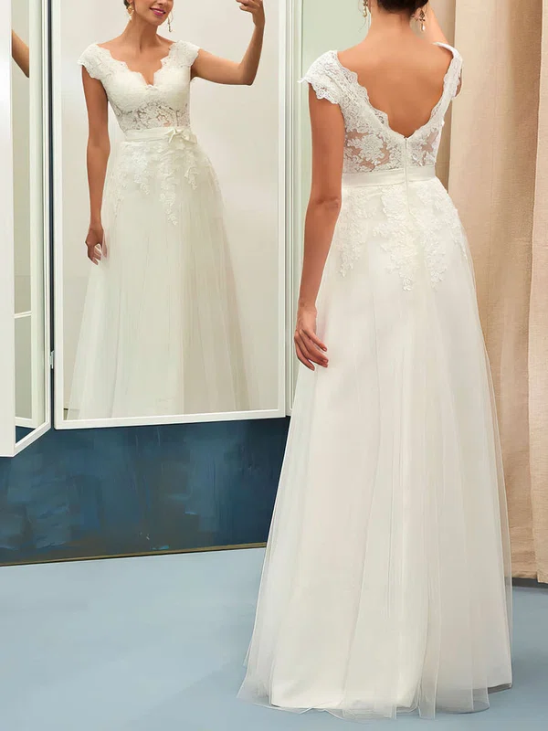Nice A-line V-neck Tulle with Appliques Lace Floor-length Backless Wedding Dresses #UKM00022734