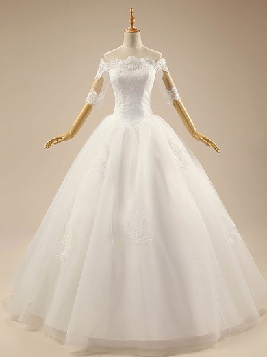Ball Gown White Tulle Appliques Lace 1/2 Sleeve Off-the-shoulder Wedding Dress #UKM00022278