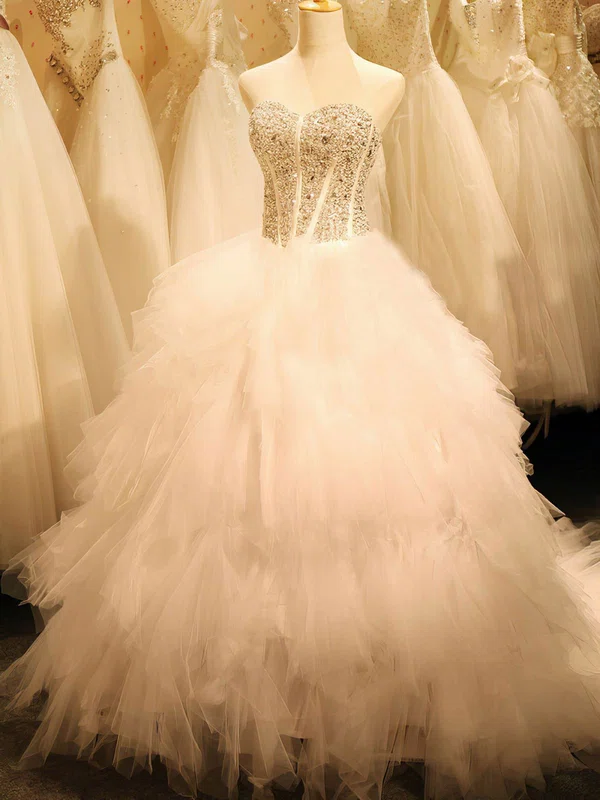 Ball Gown Sweetheart Tulle Court Train Wedding Dresses With Crystal Detailing #UKM00022281