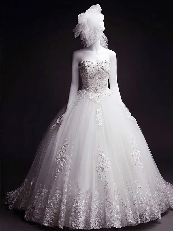 Ball Gown White Court Train Tulle with Appliques Lace Lace-up Wedding Dress #UKM00022284