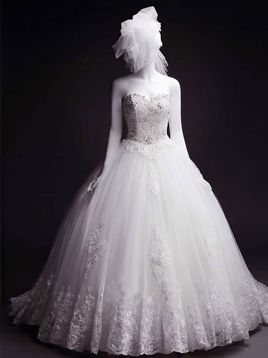 Ball Gown White Court Train Tulle with Appliques Lace Lace-up Wedding Dress #UKM00022284