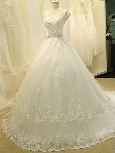 Ball Gown V-neck Tulle Court Train Wedding Dresses With Appliques Lace #UKM00022303