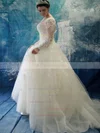 Long Sleeve Scoop Neck Ivory Tulle Appliques Lace Court Train Plus Size Wedding Dresses #UKM00022469