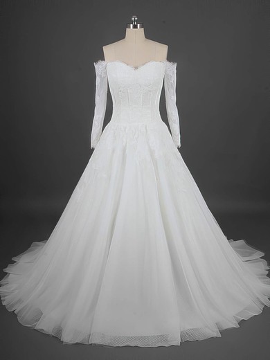Ball Gown Off-the-shoulder Tulle Court Train Wedding Dresses With Appliques Lace #UKM00022492