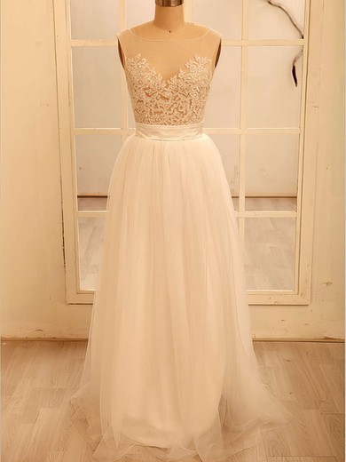 A-line Scoop Neck Satin Tulle Floor-length Wedding Dresses With Appliques Lace #UKM00020518