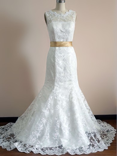 Trumpet/Mermaid Illusion Lace Court Train Wedding Dresses With Sashes / Ribbons #UKM00020542