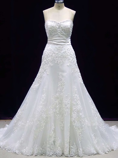 A-line Sweetheart Lace Sweep Train Wedding Dresses With Appliques Lace #UKM00020606