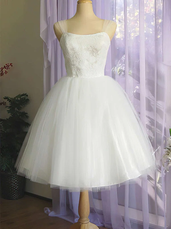 Sweet Square Neckline White Satin Tulle Appliques Lace Ball Gown Wedding Dress #UKM00020612