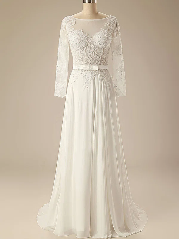 Open Back Chiffon Appliques Lace Scoop Neck Ivory Long Sleeve Wedding Dress #UKM00020626