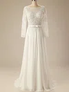 A-line Illusion Chiffon Sweep Train Wedding Dresses With Beading #UKM00020626