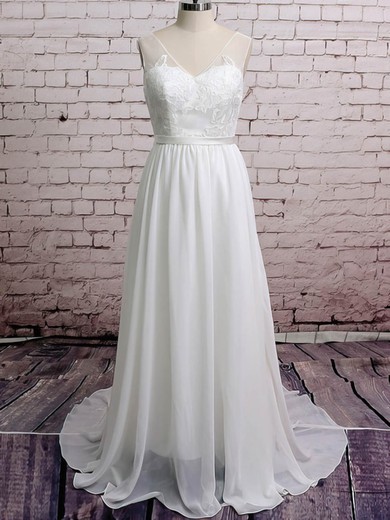 A-line V-neck Chiffon Sweep Train Wedding Dresses With Appliques Lace #UKM00020671