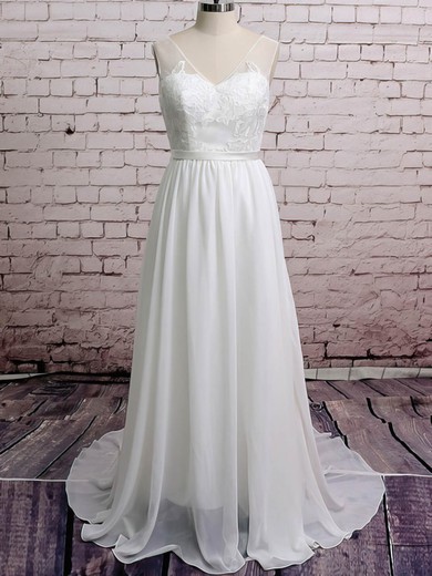Cheap White Chiffon Court Train Appliques Lace Backless V-neck Wedding Dresses #UKM00020671