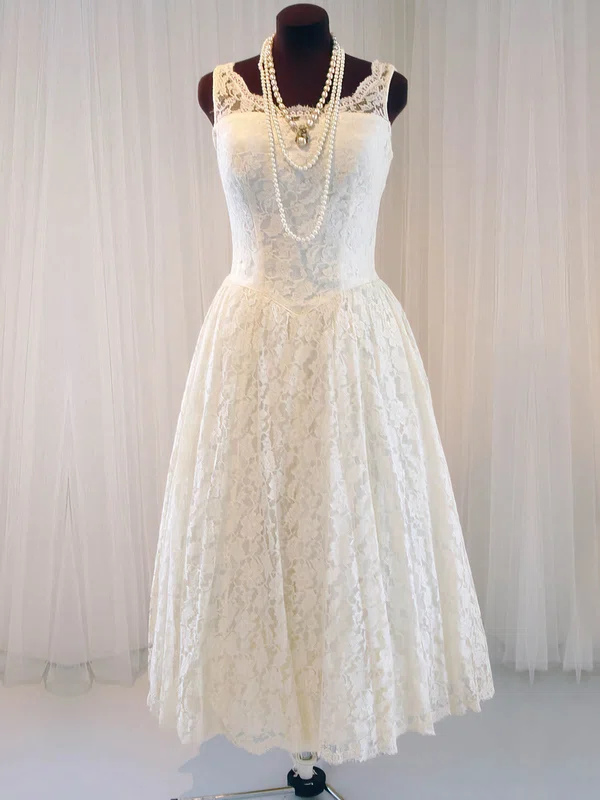Discount Scoop Neck Covered Button Tea-length Ivory Lace Wedding Dresses #UKM00020790
