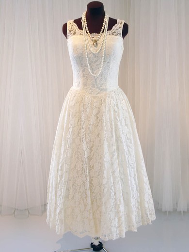 A-line Illusion Lace Tea-length Wedding Dresses #UKM00020790