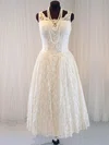 A-line Illusion Lace Tea-length Wedding Dresses #UKM00020790