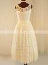 Discount Scoop Neck Covered Button Tea-length Ivory Lace Wedding Dresses #UKM00020790