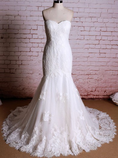 Trumpet/Mermaid Sweetheart Tulle Court Train Wedding Dresses With Appliques Lace #UKM00020920