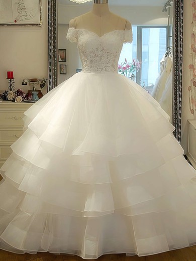 Ball Gown Off-the-shoulder Organza Court Train Wedding Dresses With Tiered #UKM00020986