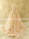Elegant Strapless Champagne Organza Appliques Lace Chapel Train Wedding Dresses #UKM00021441