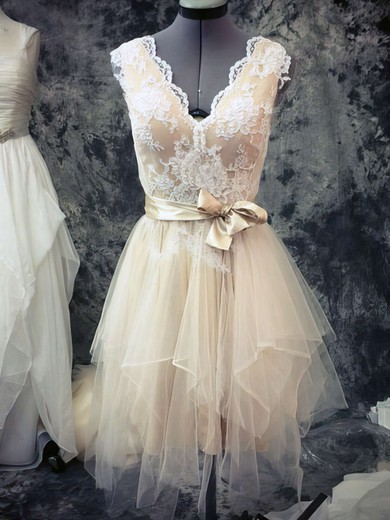 V-neck Champagne Tulle Lace Sashes/Ribbons Asymmetrical Casual Wedding Dresses #UKM00021442