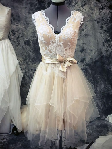 V-neck Champagne Tulle Lace Sashes/Ribbons Asymmetrical Casual Wedding Dresses #UKM00021442