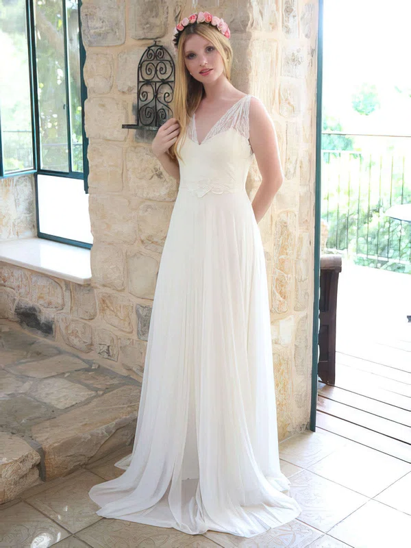 A-line V-neck Lace Chiffon Floor-length Wedding Dresses With Sashes / Ribbons #UKM00021446