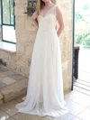 A-line V-neck Lace Chiffon Floor-length Wedding Dresses With Sashes / Ribbons #UKM00021446