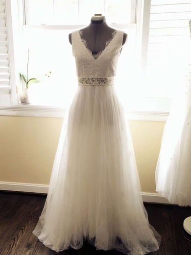 Ball Gown V-neck Lace Tulle Sweep Train Wedding Dresses With Sashes / Ribbons #UKM00021448