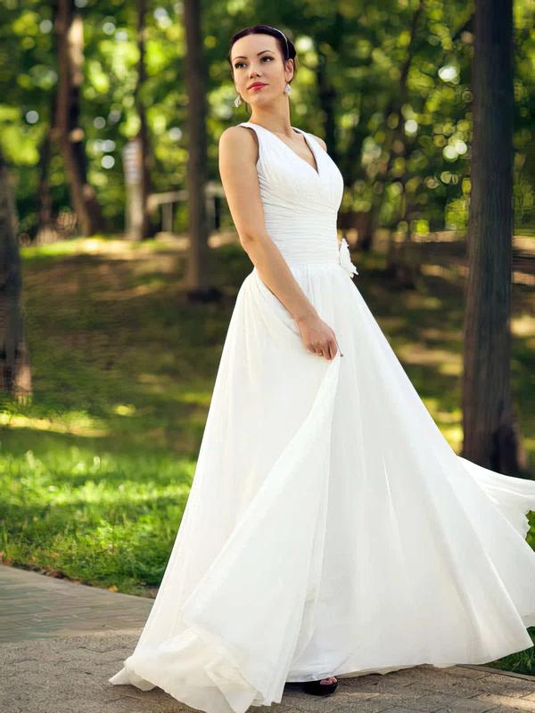 Ivory Chiffon with Flower(s) V-neck Floor-length Online Wedding Dresses #UKM00021463