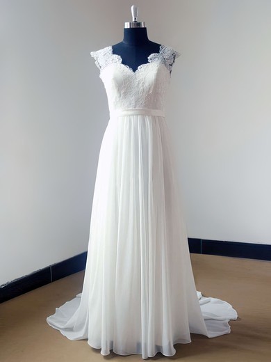 Nice Ivory Chiffon Lace Sweep Train Open Back V-neck Wedding Dress #UKM00021468