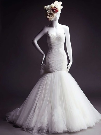 Trumpet/Mermaid White Tulle Flower(s) Lace-up Court Train Modest Wedding Dresses #UKM00021473
