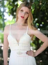 White V-neck Chiffon Lace Spaghetti Straps Sparkly Open Back Wedding Dresses #UKM00021481