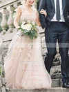 Boutique Champagne Tulle Appliques Lace V-neck Sweep Train Wedding Dresses #UKM00021495