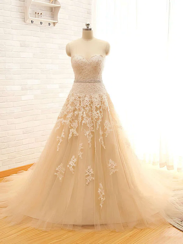 Ball Gown Sweetheart Tulle Chapel Train Wedding Dresses With Beading #UKM00021496