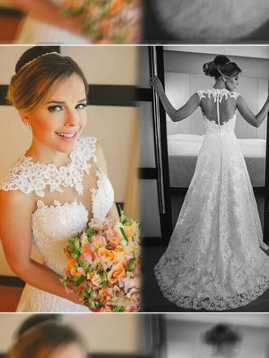 A-line Illusion Lace Sweep Train Wedding Dresses With Appliques Lace #UKM00021498