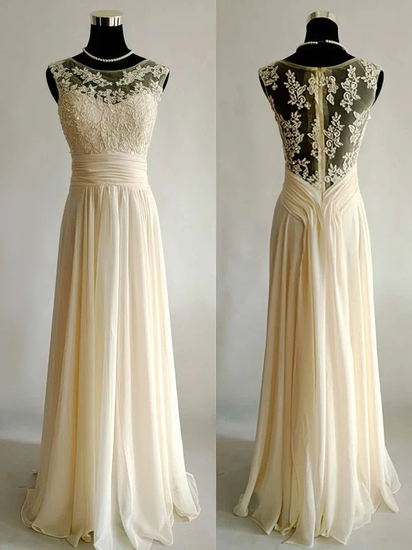 Floor-length Chiffon Tulle Appliques Lace Champagne Gorgeous Wedding Dress #UKM00021499