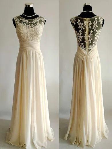 A-line Illusion Chiffon Floor-length Wedding Dresses With Appliques Lace #UKM00021499