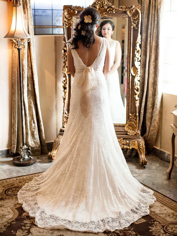 Backless V-neck Ivory Lace Sashes/Ribbons Court Train Hot Wedding Dress #UKM00021513