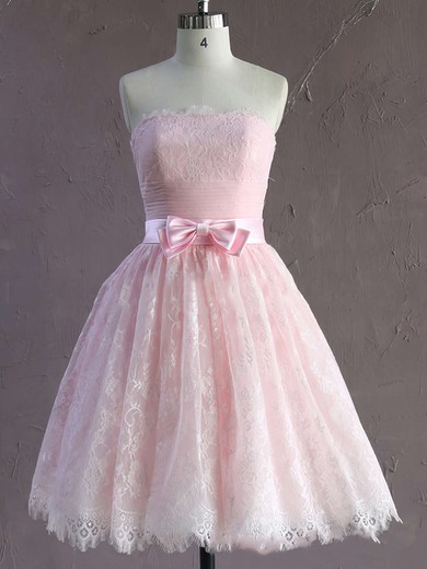 Short/Mini Pink Modest Lace Sashes / Ribbons Strapless Wedding Dresses #UKM00021635