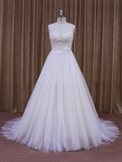 Vintage Court Train White Lace Tulle with Sequins Scoop Neck Wedding Dresses #UKM00021637