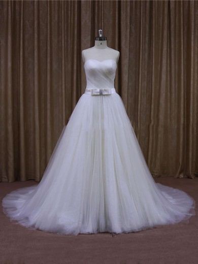 Affordable Ivory Tulle Sashes / Ribbons Chapel Train Sweetheart Wedding Dresses #UKM00021640