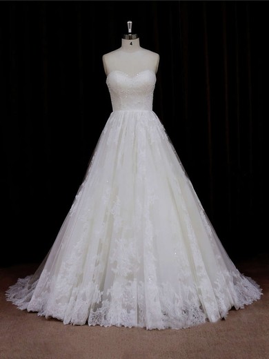 Sweep Train Ivory Tulle Beading Sweetheart Beautiful Wedding Dresses #UKM00021641
