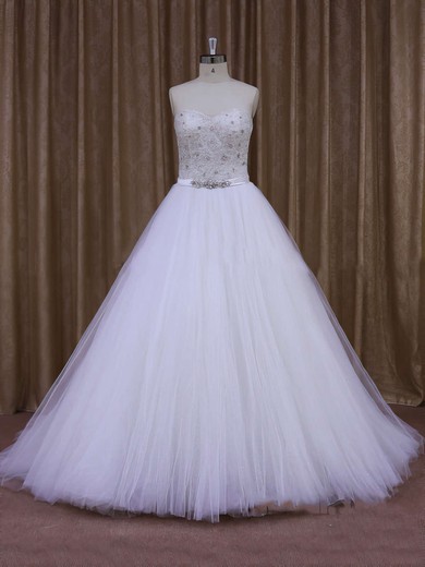 Ball Gown Sweetheart Tulle Sweep Train Wedding Dresses With Beading #UKM00021651