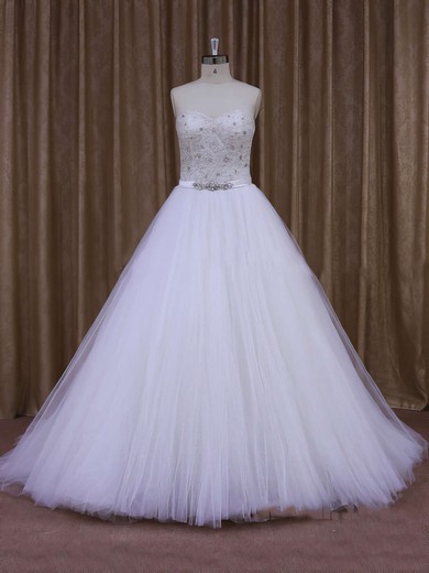 Fabulous Sweep Train Tulle Pearl Detailing White Sweetheart Wedding Dresses #UKM00021651