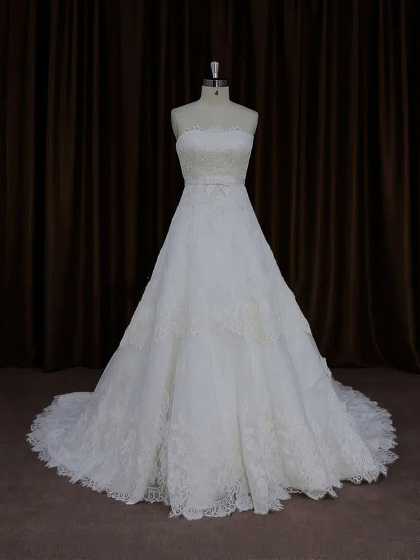 Ball Gown Straight Tulle Court Train Wedding Dresses With Appliques Lace #UKM00021652