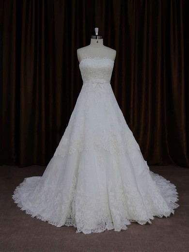 A-line Ivory Tulle Appliques Lace Court Train Lace-up Wedding Dress #UKM00021652