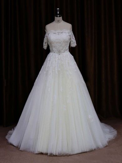 Short Sleeve Off-the-shoulder Ivory Tulle Beading Court Train Wedding Dress #UKM00021654